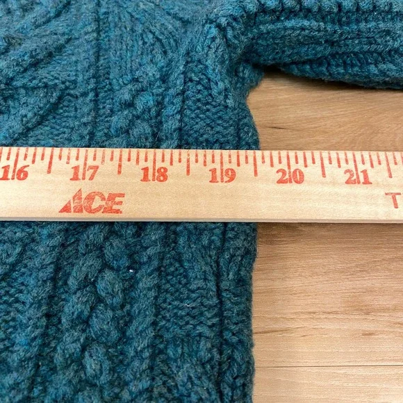 J. Crew Rugged Merino Wool Blend Cable Knit Sweater Mens Large Teal Green Raglan - Picture 7 of 8